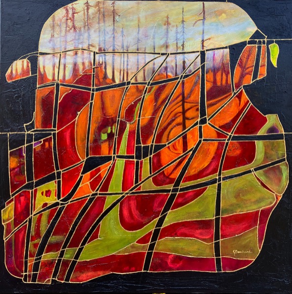 Œuvre non figurative de Christine Bouchard : masses rouges et orangées traversées de lignes noires, ligne d'horizon pâle évoquant une forêt d'épinettes.